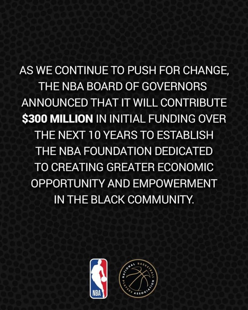 NBA e a associação de jogadores lançaram a primeira fundação dedicada ao apoio para comunidades negras nos EUA e Canadá; valor inicial é de US$ 300 milhões