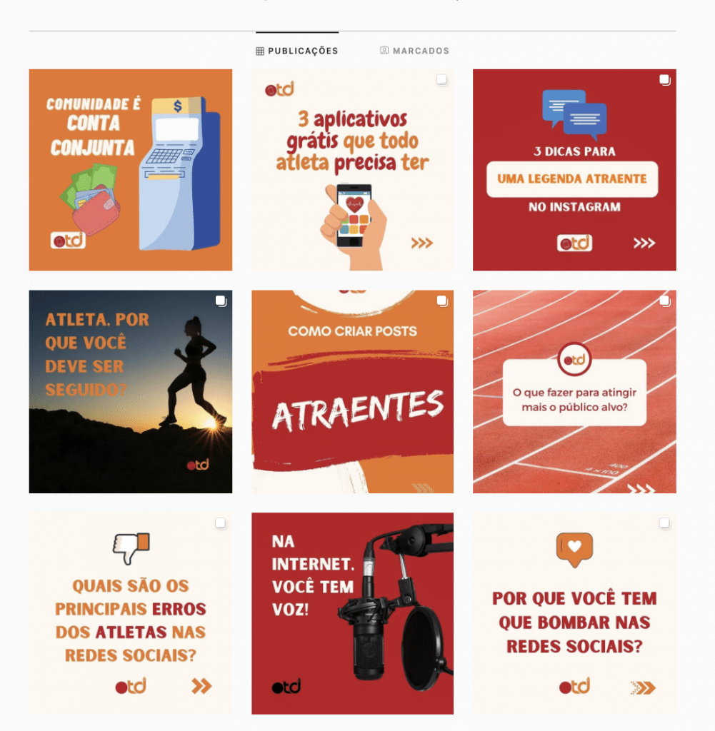 Exemplo de publicações realizadas no OTD Digital; acesse no Instagram @otd_digital - redes sociais para atletas