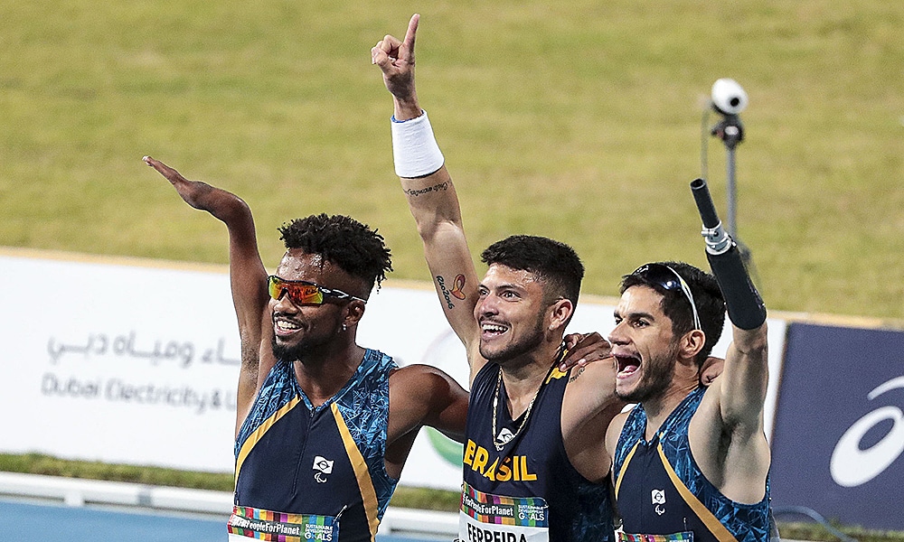 Petrúcio Ferreira, Washington Júnior e Yohansson Nascimento nos 100m do Mundial de Atletismo Paralímpico em Dubai