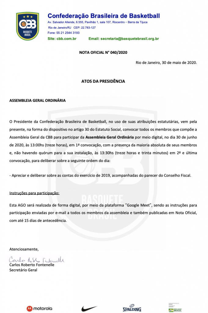 A Assembleia Geral Ordinária (AGO) da  Confederação Brasileira de Basketball (CBB), convocada pelo presidente Guy Peixoto, será online, no dia 30 de junho
