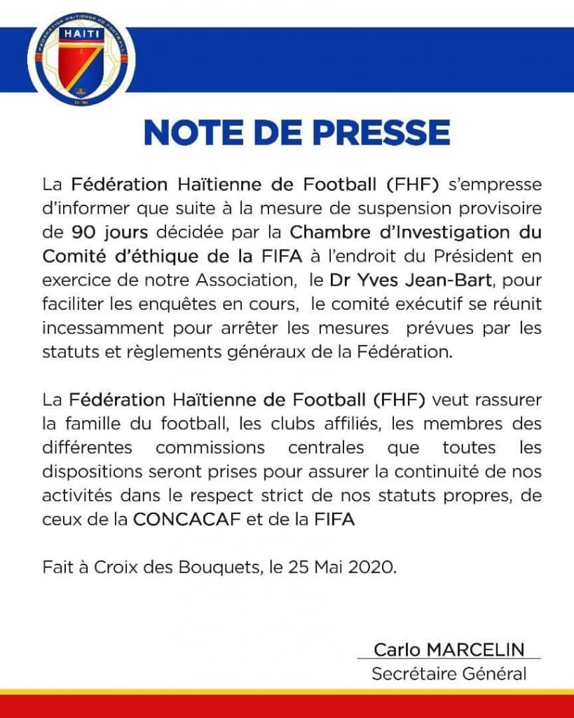 Nota Federação Haitiana de Futebol suspensão Fifa Yves Jean-Bart abuso sexual