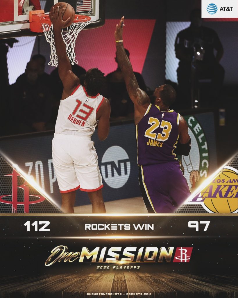 No jogo 1 entre Houston Rockets e Los Angeles Lakers, melhor para o time de Bruno Caboclo. A equipe do Texas venceu por 112 a 97 com James Harden brilhando
