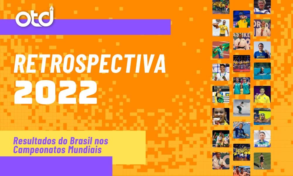 Brasil nos Mundiais de 2022 - arte laranja com várias fotos de brasileiros que medalharam em 2022. O texto diz - Retrospectiva 2022 - Resultados do Brasil em Mundiais