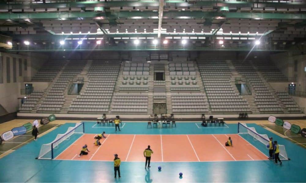 Seleções de goalball na arena do Mundial de 2022 em Portugal