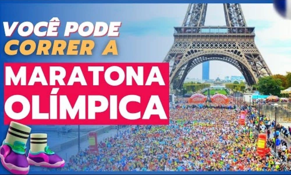 OTD em Paris 2024 - Foto da Torre Eiffel e na frente arte com os dizeres: Você pode correr a maratona olímpica