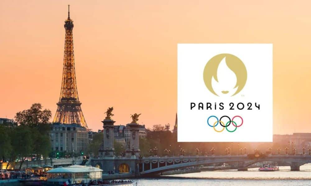 OTD Em Paris - montagem com foto do Rio Sena, com a torre eiffel ao lado e o logo dos Jogos