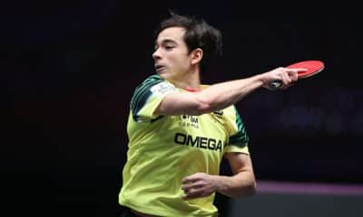 Hugo Calderano enquanto joga no WTT Champions de Xinxiang