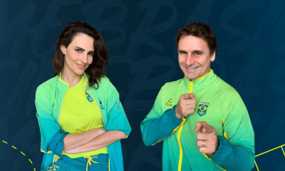 Casal Murilo Rosa e Fernanda Tavares com o uniforme de novo padrinho do COB