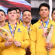 Equipe Masculina do Brasil posa para foto com suas medalhas de bronze no pódio do Pan-Americano de ginástica artística