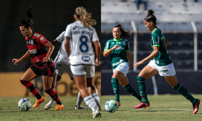 Montagem com fotos de atletas de Flamengo e Palmeiras em jogos do Brasileiro Feminino de futebol ao vivo