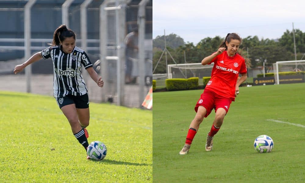 Montagem com fotos de atletas de Atlético-MG e Internacional em jogo