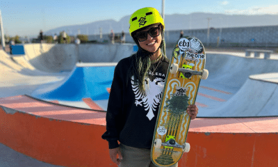 Raicca Ventura posa para foto ao lado da pista de San Juan do Pro Tour de skate park