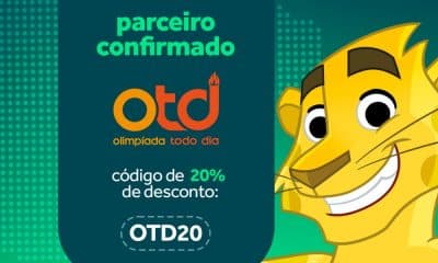 Mascote do Time Brasil mostra imagem com logo do Olimpíada Todo Dia e o cupom OTD20 para ganhar 20% de desconto nos cursos e palestras da COB Expo