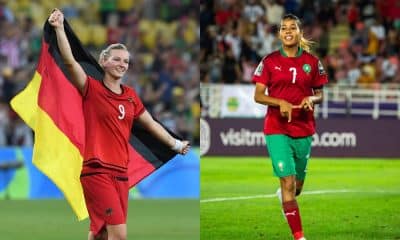 Montagem com fotos de jogadoras de Alemanha e Marrocos na Copa do Mundo Feminina ao vivo