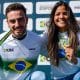Os ciclistas Guilherme Ribeiro e Paola Reis celebrando seus títulos no Brasileiro de BMX (Alan Modesto/CBC)