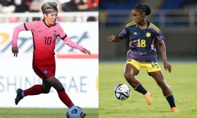 Montagem com fotos de atletas de Colômbia e Coreia do Sul que irão se enfrentar na Copa do Mundo Feminina ao vivo