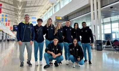Seleção Brasileira de Saltos Ornamentais no aeroporto rumo ao Mundial de Esportes Aquáticos
