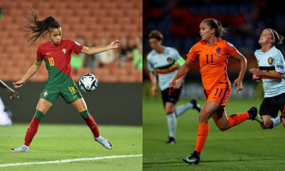 Montagem com fotos de jogadoras de Portugal e Holanda na Copa do Mundo Feminina ao vivo