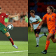 Montagem com fotos de jogadoras de Portugal e Holanda na Copa do Mundo Feminina ao vivo