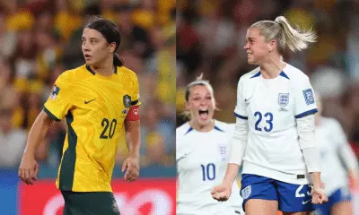 Montagem com foto das jogadoras de Inglaterra e Austrália