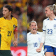 Montagem com foto das jogadoras de Inglaterra e Austrália