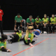 Jogadoras da seleção do Brasil de goalball deitadas para defender bola nos Jogos Mundiais IBSA