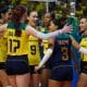 Jogadoras do Brasil comemoram ponto no Campeonato Sul-Americano de vôlei feminino 2023