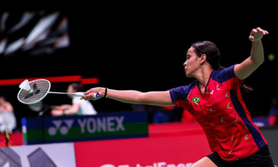 Juliana Viana Vieira em ação no Mundial de badminton, assim como Jaqueline Lima/Samia Lima