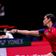 Juliana Viana Vieira em ação no Mundial de badminton, assim como Jaqueline Lima/Samia Lima