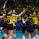 Jogadoras do Brasil vibram com ponto com ginásio Geraldão lotado na estreia do Sul-Americano de vôlei feminino