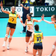 Jogadoras do Brasil comemoram vitória sobre a Bélgica no Pré-Olímpico de vôlei feminino