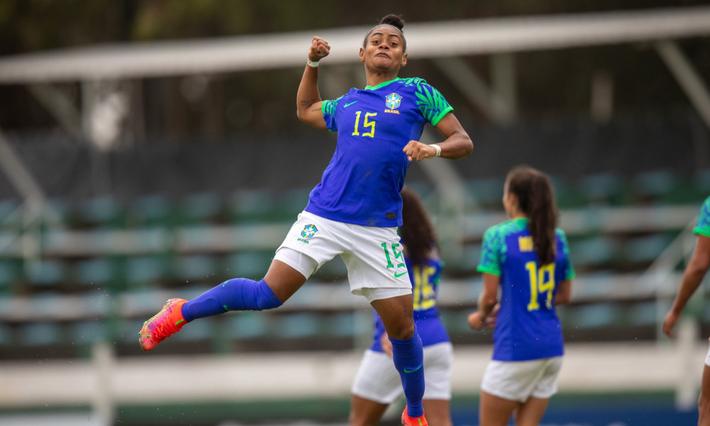 Maranhão comemora gol marcado contra o Chile na Liga de Desenvolvimento de Futebol Feminino da Conmebol