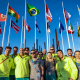 parte da delegação do Time Brasil no hasteamento da bandeira na Vila dos Atletas dos Jogos Pan-Americanos Santiago 2023
