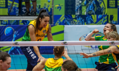 Jogadoras do Brasil vibram com ponto na Copa do Mundo de vôlei sentado