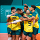 Seleção masculina de vôlei do Brasil comemora ponto contra a Argentina nos Jogos Pan-Americanos Santiago-2023