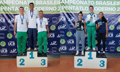 Pódio com campeões nos naipes masculino e feminino do Campeonato Brasileiro de Pentatlo Moderno