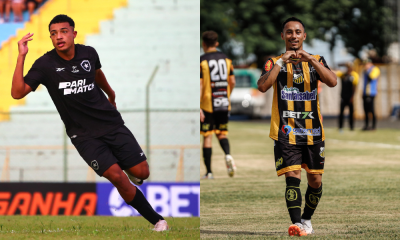 Colagem com imagens de jogadores do Botafogo e do Novorizontino comemorando na Copinha 2024; eles se enfrentarão ao vivo