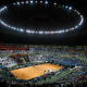 Imagem do Ginásio do Ibirapuera lotado durante uma partida de tênis