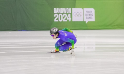 Lucas Koo durante treino da patinação velocidade em pista curta nos Jogos Olímpicos de Inverno da Juventude Gangwon-2024