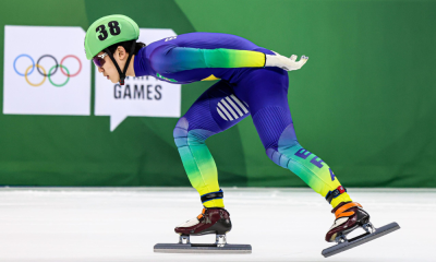 Lucas Koo em ação nos 500m da patinação veloidade em pista curta dos Jogos Olímpicos de Inverno da Juventude de Gangwon-2024