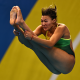 Anna Lúcia dos Saltos faz salto grupado no trampolim 1m do Mundial de Esportes Aquáticos de Doha; ela e Luana Lira