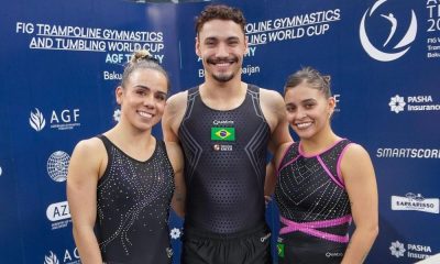 Camilla Gomes, Rayan Dutra e Alice Gomes (da esquerda para a direita), brasileiros classificados à semifinal da etapa de Baku da Copa do Mundo de ginástica de trampolim (Foto: CBG)
