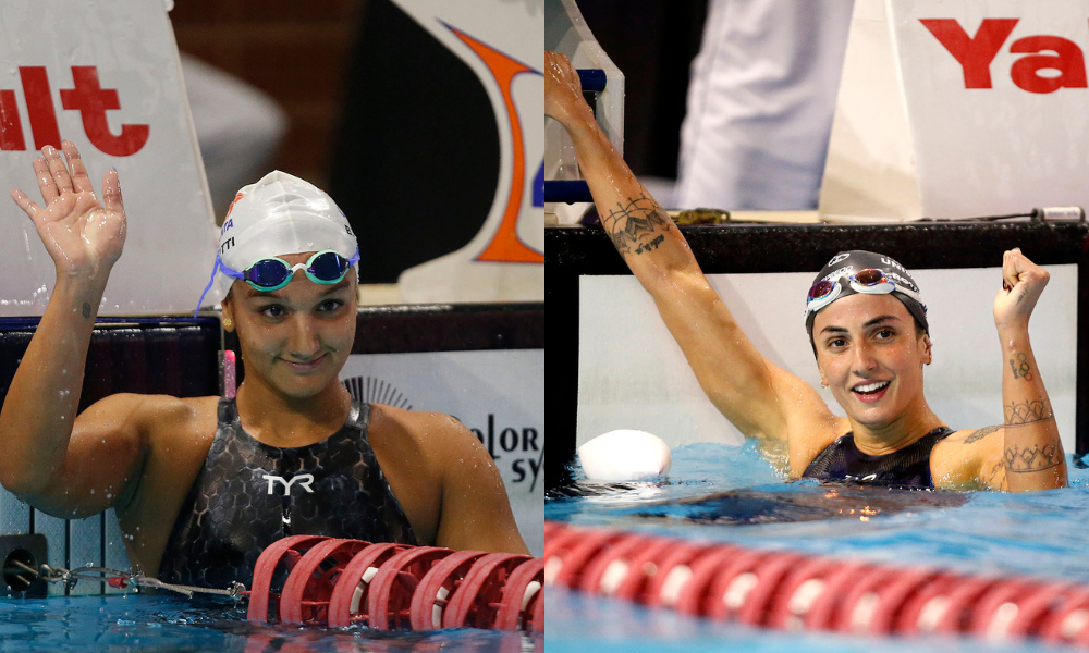 Maria Fernanda Costa e Gabrielle Roncatto na borda da piscina após prova de natação