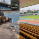 Colagem de fotos da pista de atletismo do Ibirapuera sendo arrancada por máquina