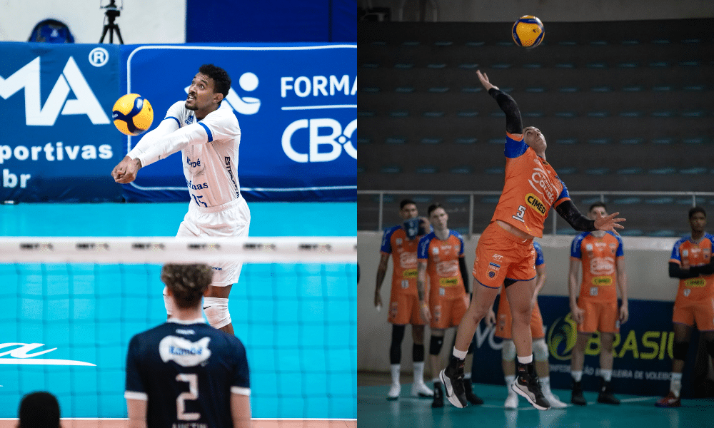 Montagem com fotos de atletas de Minas e São José em jogos da Supeeliga Masculina de vôlei