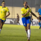 Jogadoras do Brasil comemoram gol nO Sul-Americano Sub-17
