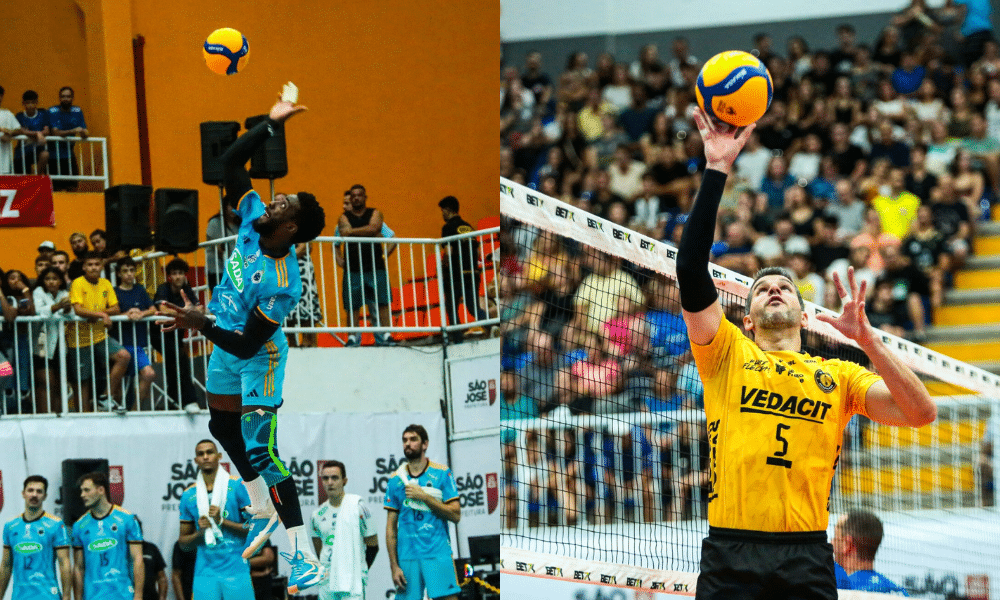 Montagem com fotos de López, do Sada Cruzeiro, e Sandro, do Vedacit Guarulhos. Times fazem a final da Copa Brasil de vôlei masculino