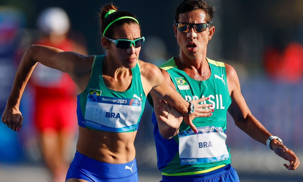 Caio Bonfim e Viviane Lyra na prova do revezamento misto do Mundial de Marcha Atlética por Equipes