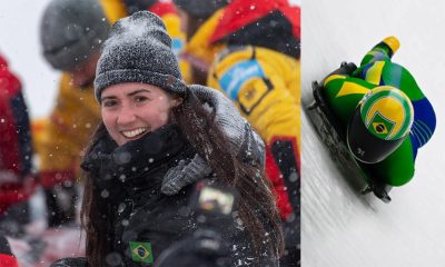 Na imagem, Nicole Silveira em local que estava nevando e, ao lado, descendo no Skeleton com o capacete inspirado no Senna.