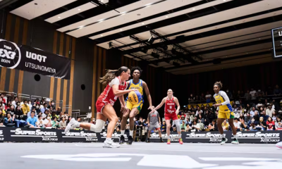 Seleção brasileira de basquete 3x3 em ação contra a Áustria no Pré-Olímpico